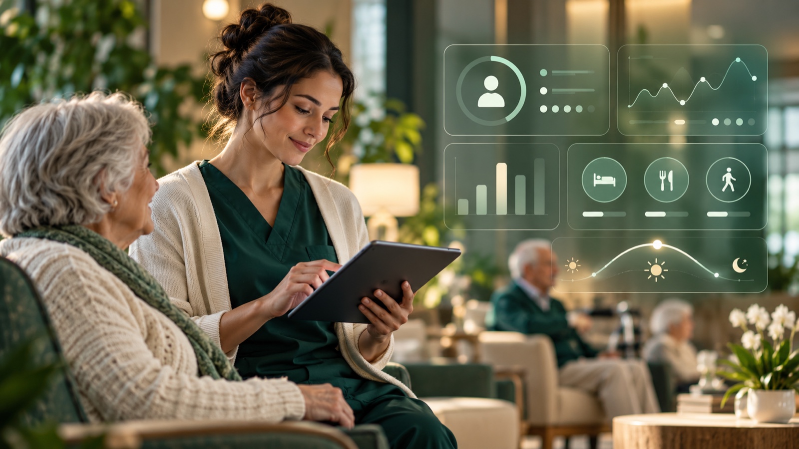 Care professional reviewing LifeNest care intelligence with an older adult